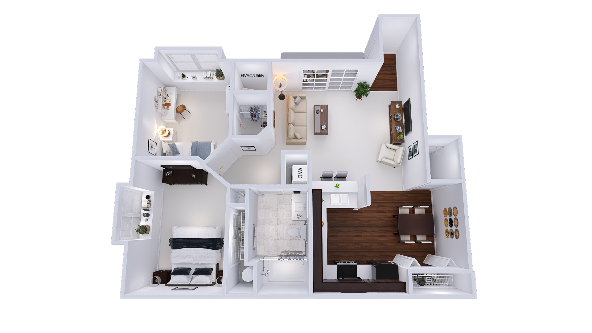 Floor plan for 2 beds, 1 bath, 991 sqft
